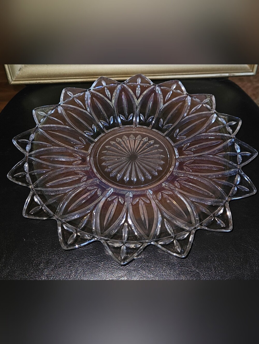 Vintage Federal Glass Iridescent Serving Plate with Pointy Edge Rim Flower